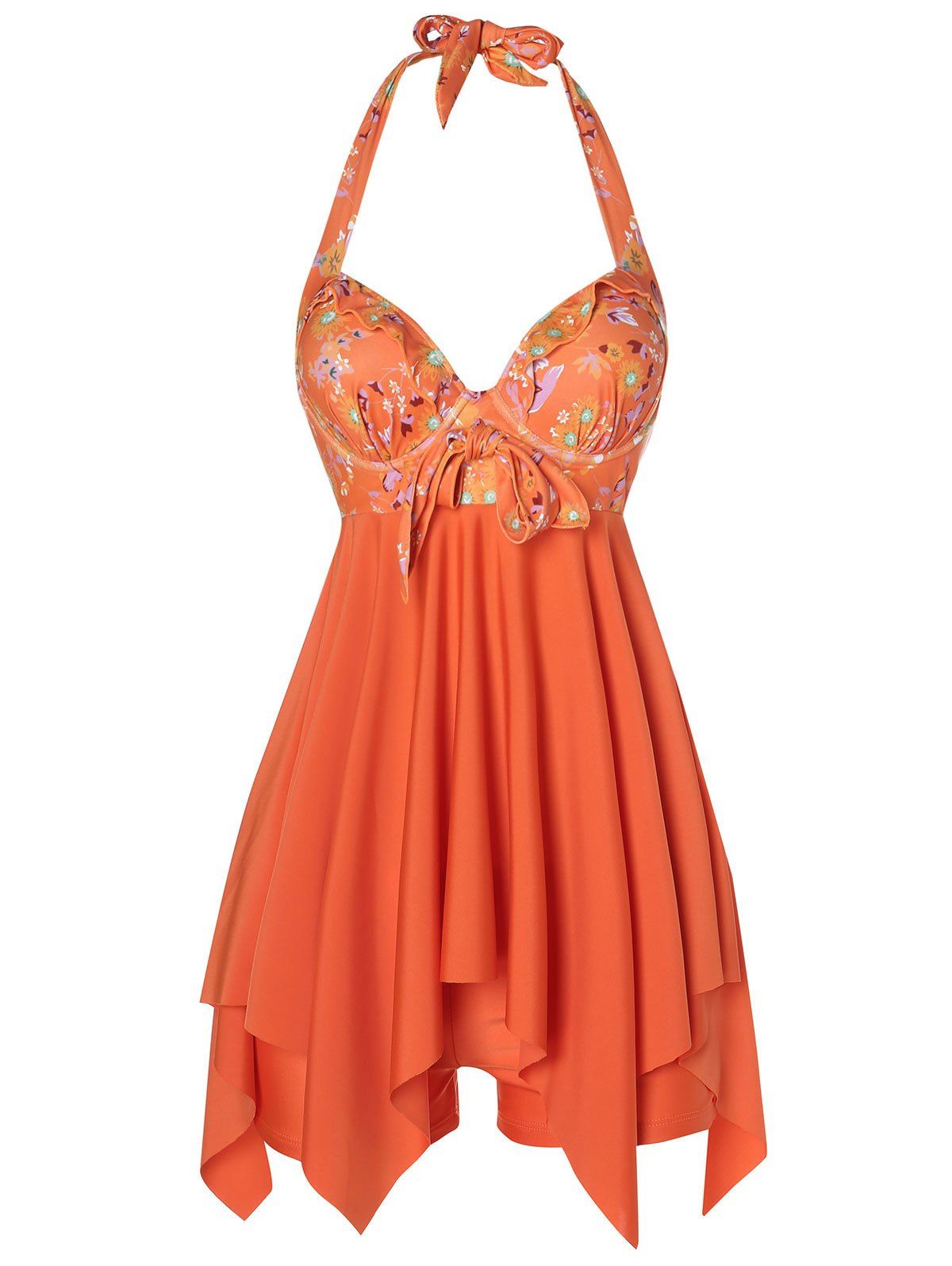 

Daisy Print Halter Neckline Handkerchief Tankini, Papaya orange