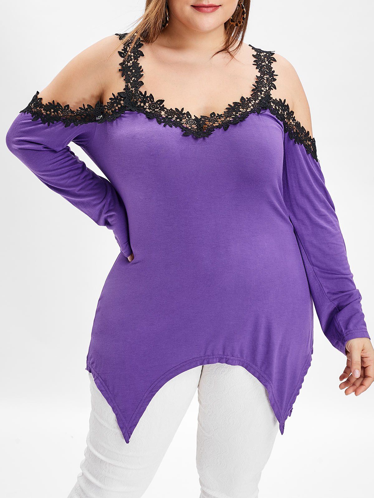

Lace Panel Plus Size Asymmetrical T-shirt, Purple