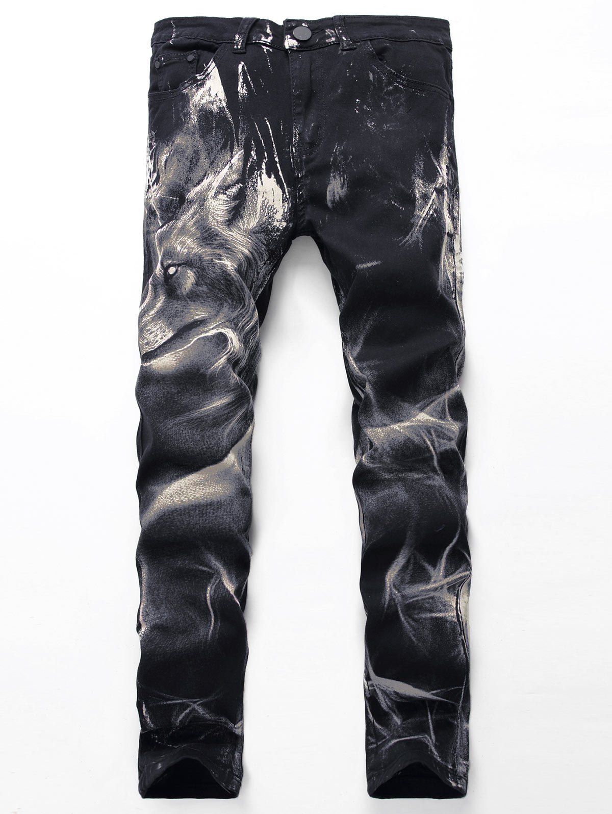 

Zipper Fly Wolf Print Jeans, Black