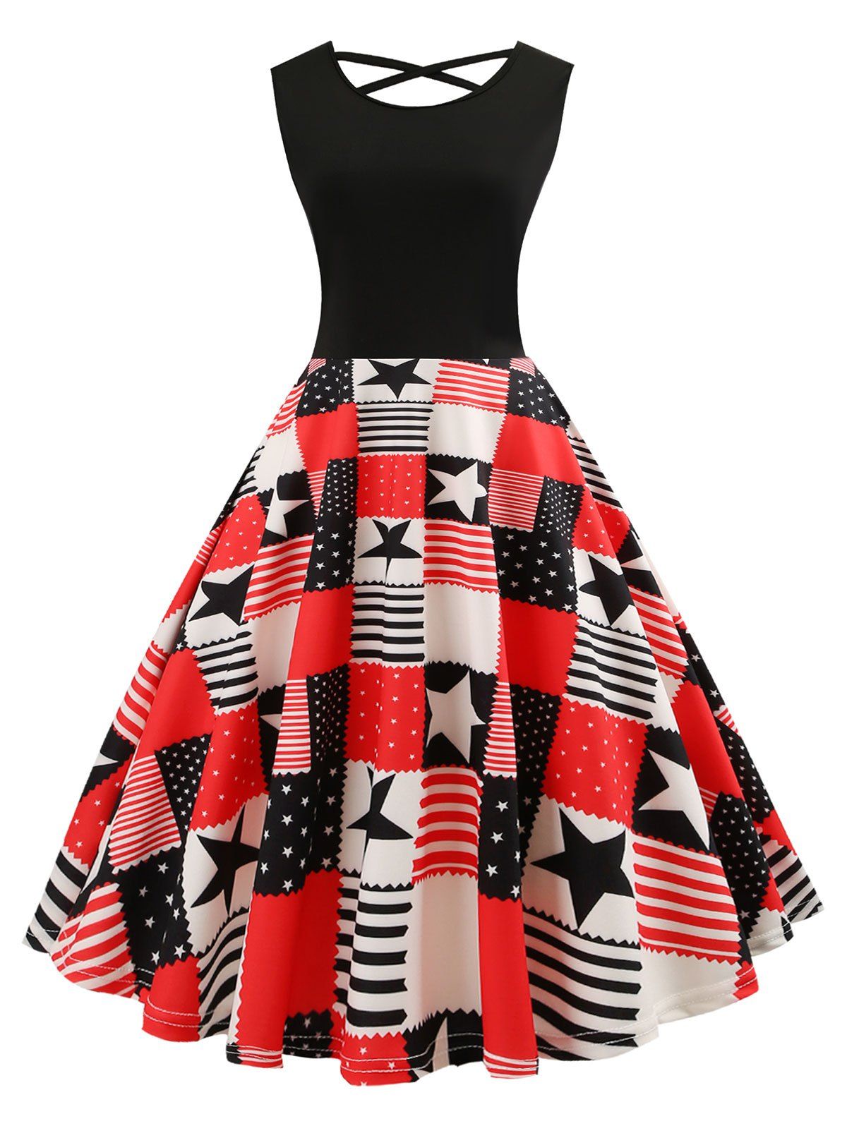 

Criss Cross American Flag Print Flare Dress, Multi