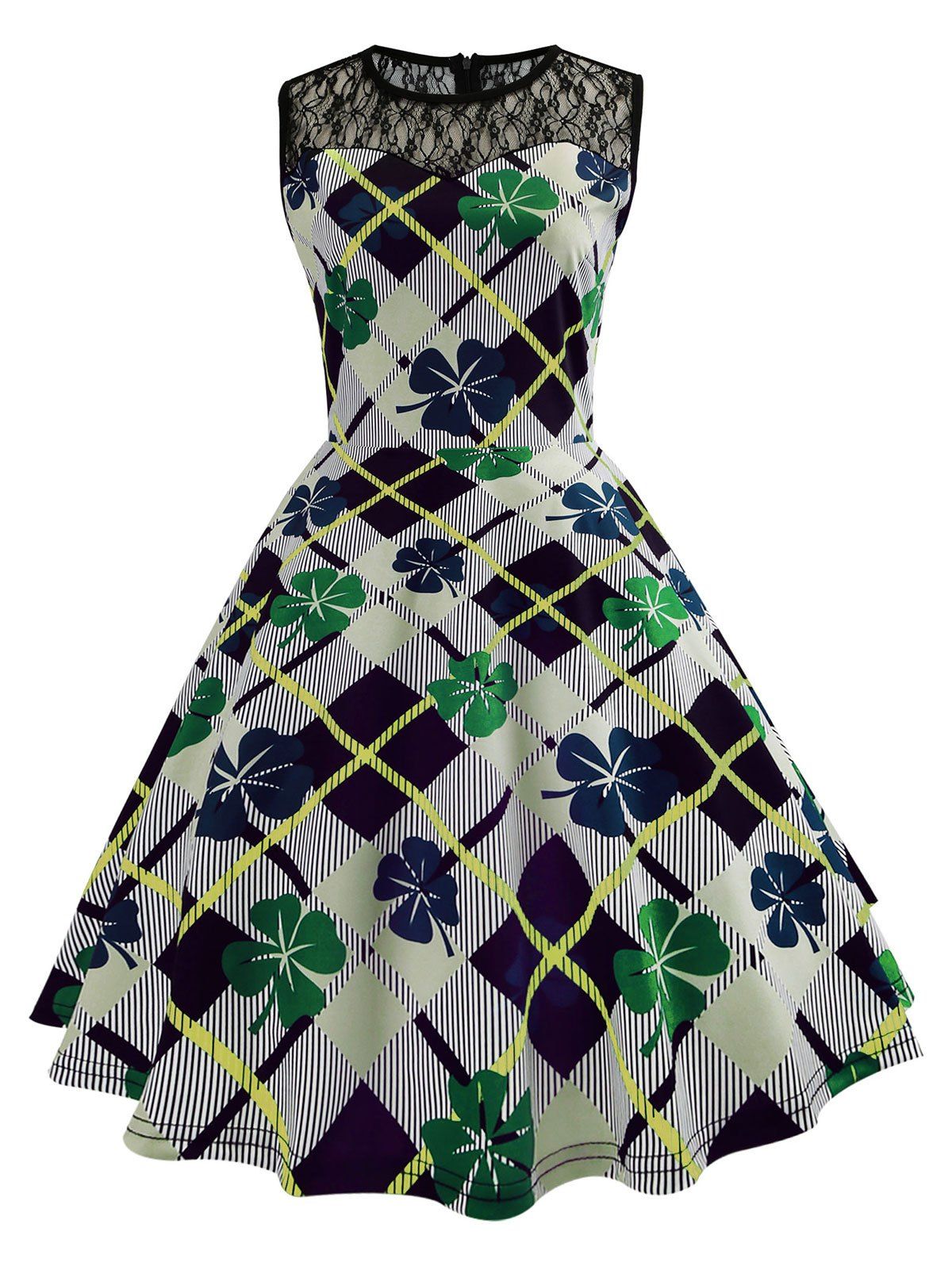 

High Waist Lace Panel Checked Dress, Multi