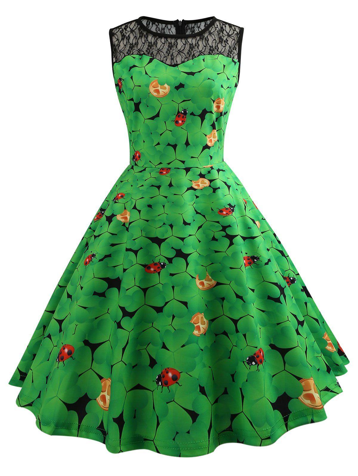 

Lace Panel Leaves Print A Line Dress, Clover green