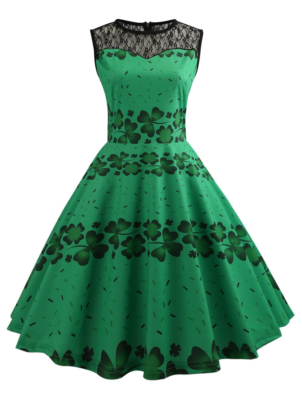 

Leaves Print Lace Panel A Line Dress, Clover green