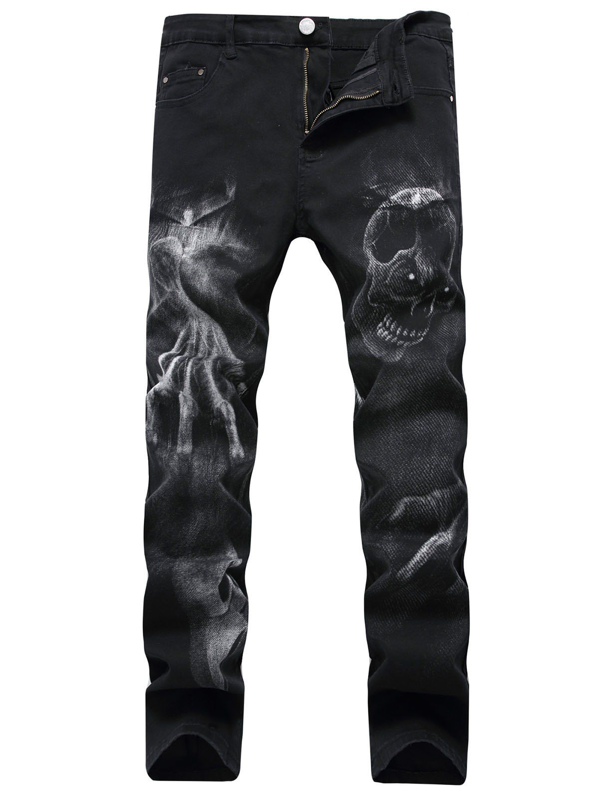 

Zipper Fly Skull Graphic Jeans, Black