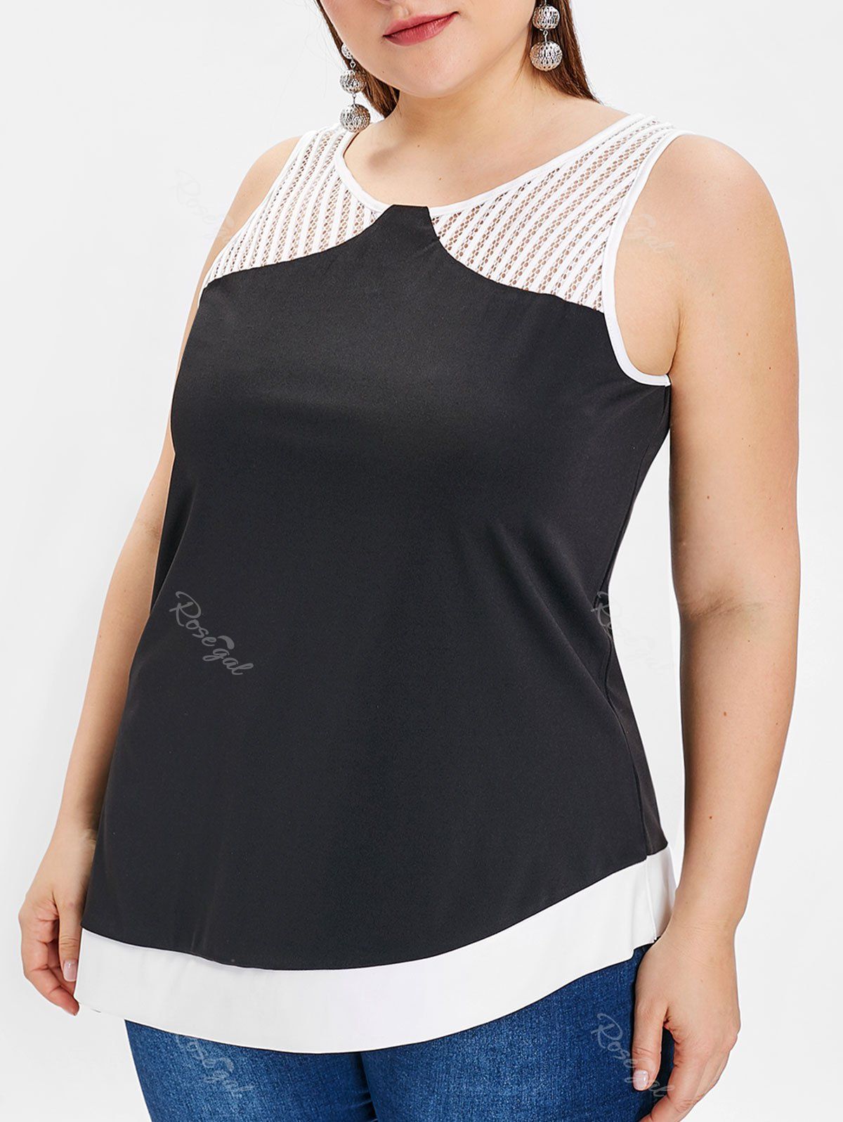 

Plus Size Openwork Asymmetric Tank Top, Black