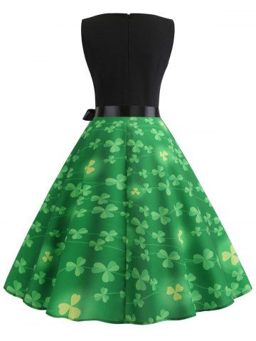 

Vintage Clover Print Belted Flare Dress, Black