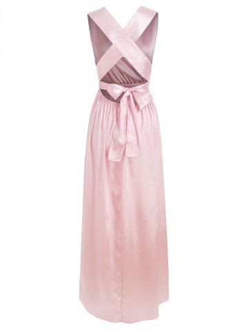 

V Neck Open Back Maxi Party Dress, Pig pink