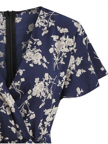 

Plunging Neckline Floral Print Layered Mini Dress, Midnight blue