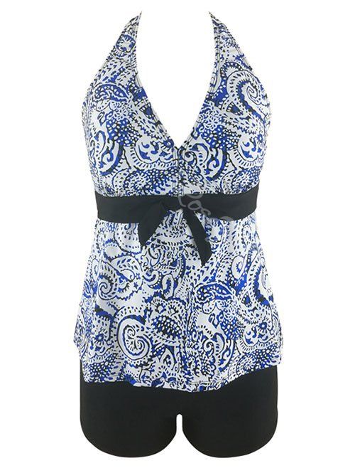 

Plus Size Halter Paisley Print Backless Tankini Set, Black