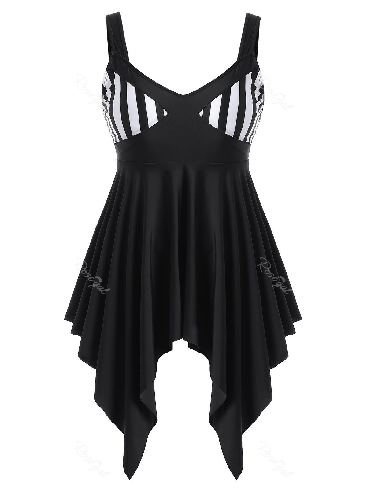 

Striped Panel Padded Plus Size Tankini Set, Black