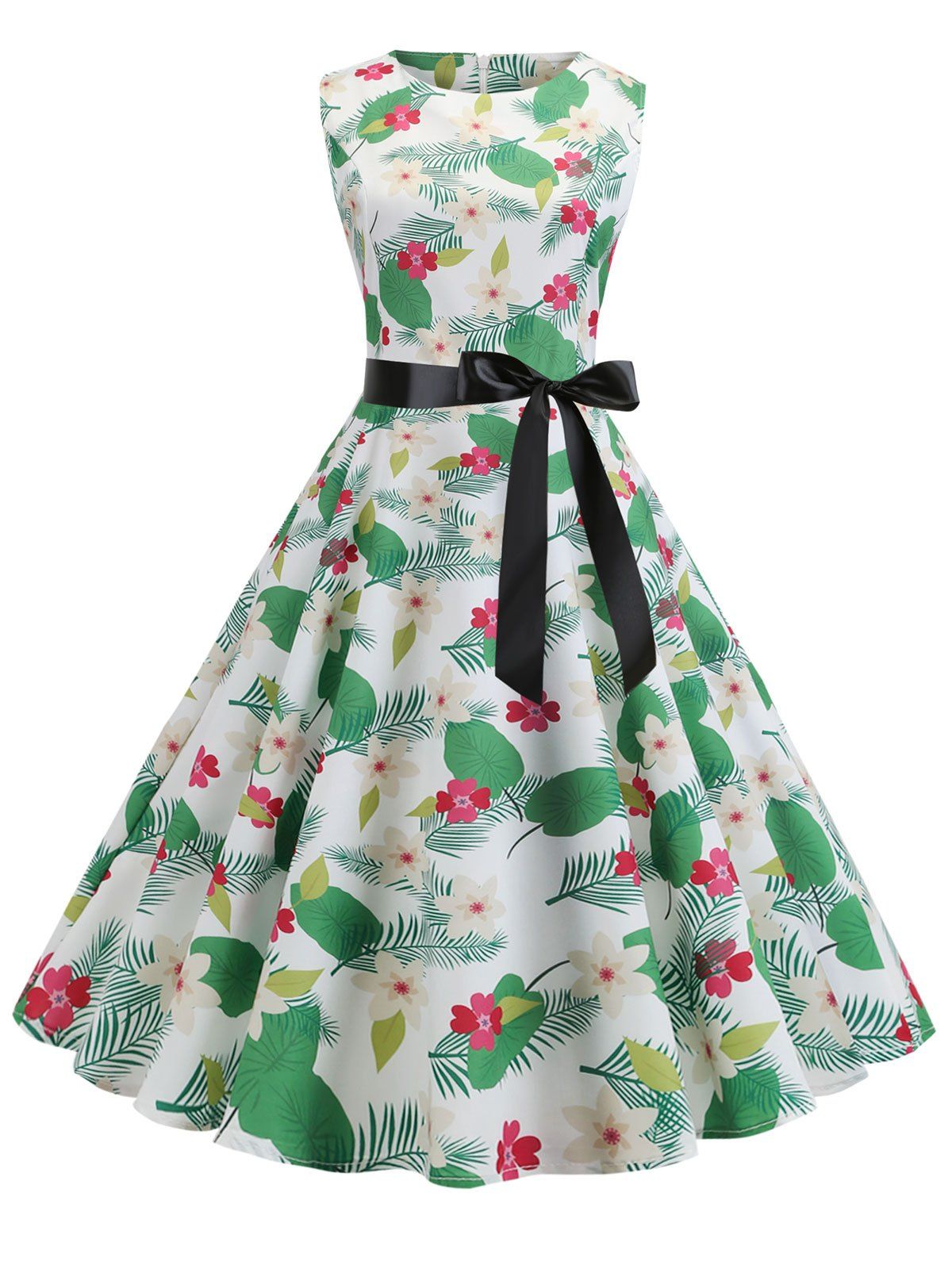 

Floral Leaf Print A Line Vintage Dress, Multi