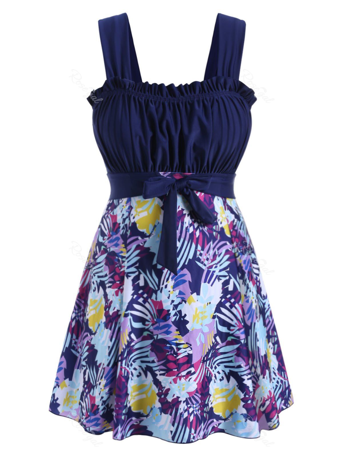 

Leaf Print Plus Size Lettuce Trim Tankini Set, Cadetblue