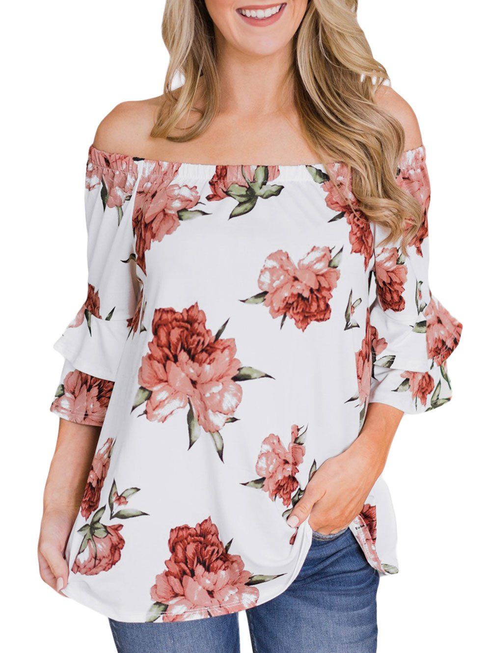 

Printed Half Sleeve Off The Shoulder Top, Multi
