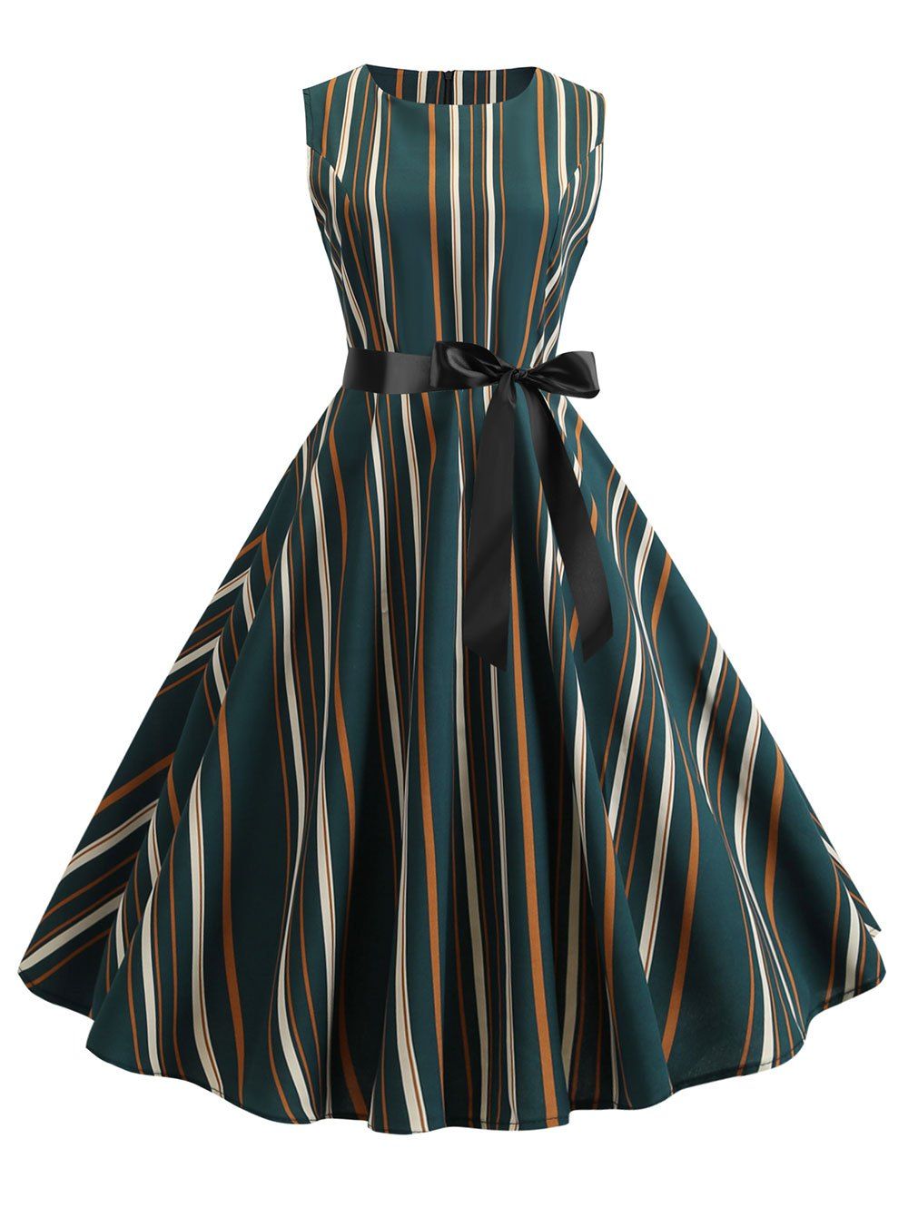 

Striped Vintage Fit and Flare Dress, Dark forest green