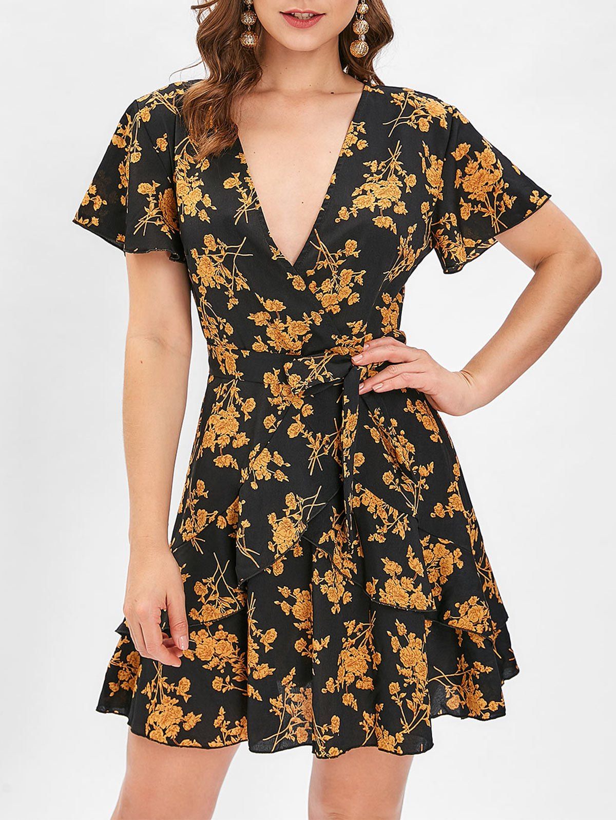 

Floral Print Ruffled Mini Surplice Dress, Black