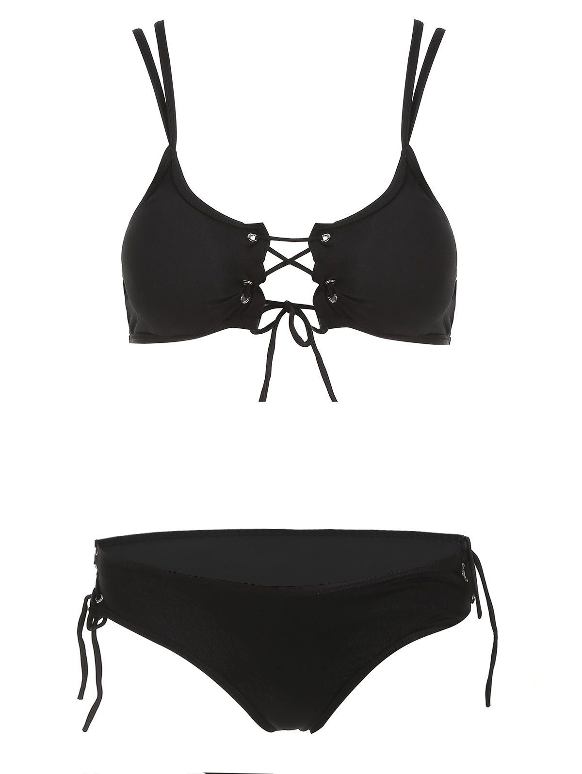 

Padded Strappy Lace Up Bikini Set, Black