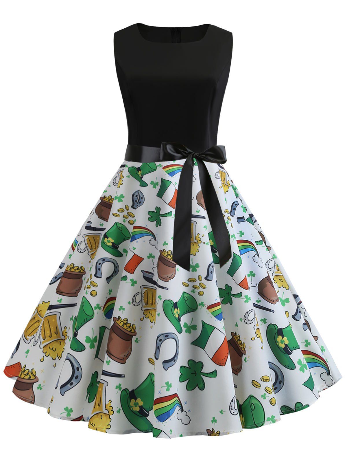 

Vintage Mixed Print Fit and Flare Dress, Black