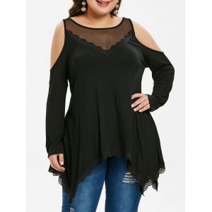 

Plus Size Cold Shoulder Mesh Panel Lace Brim Asymmetrical T-shirt, Black