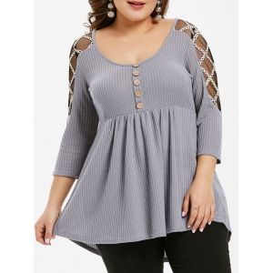 Plus Size Mesh Panel Henley Tee, Gray goose