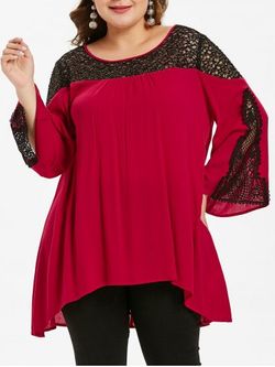 Plus Size High Low Lace Insert Blouse - RED WINE - L