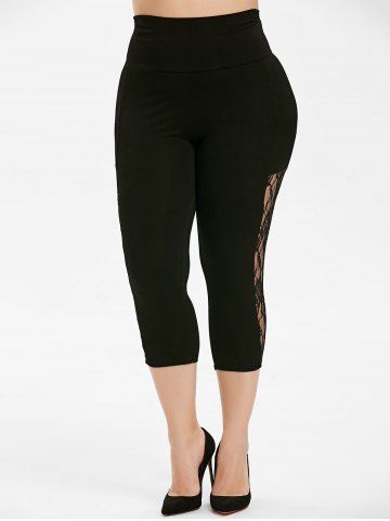 

Plus Size High Rise Lace Panel Capri Leggings, Black