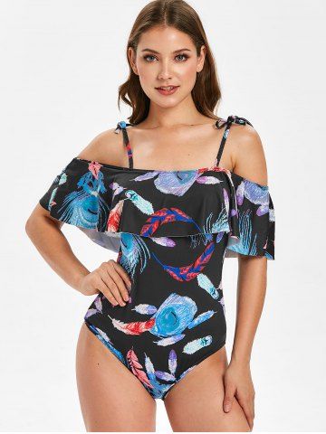 

Cold Shoulder Ruffled Feather Print One-piece Swimwear, Black