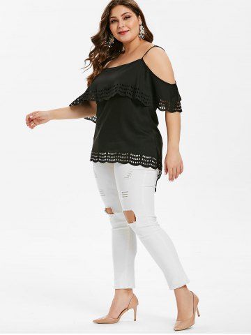 

Plus Size Ruffle High Low Open Shoulder Blouse, Black