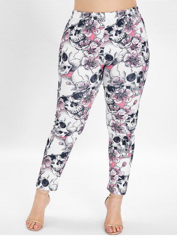 

Skull and Floral Print Plus Size Leggings, White