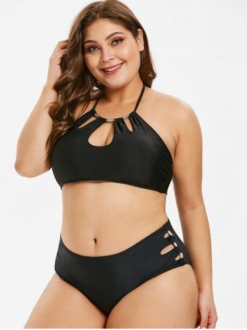 

Halter Neck Plus Size Cut Out Bikini Set, Black