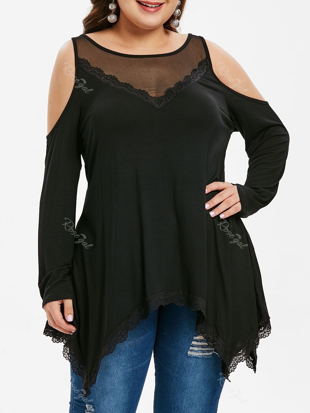 

Plus Size Cold Shoulder Mesh Panel Lace Brim Asymmetrical T-shirt, Black