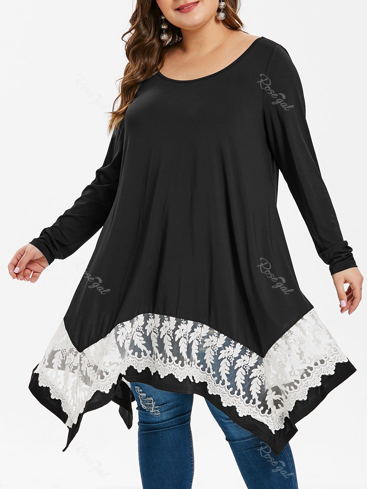 

Plus Size Lace Panel Handkerchief T-shirt, Black
