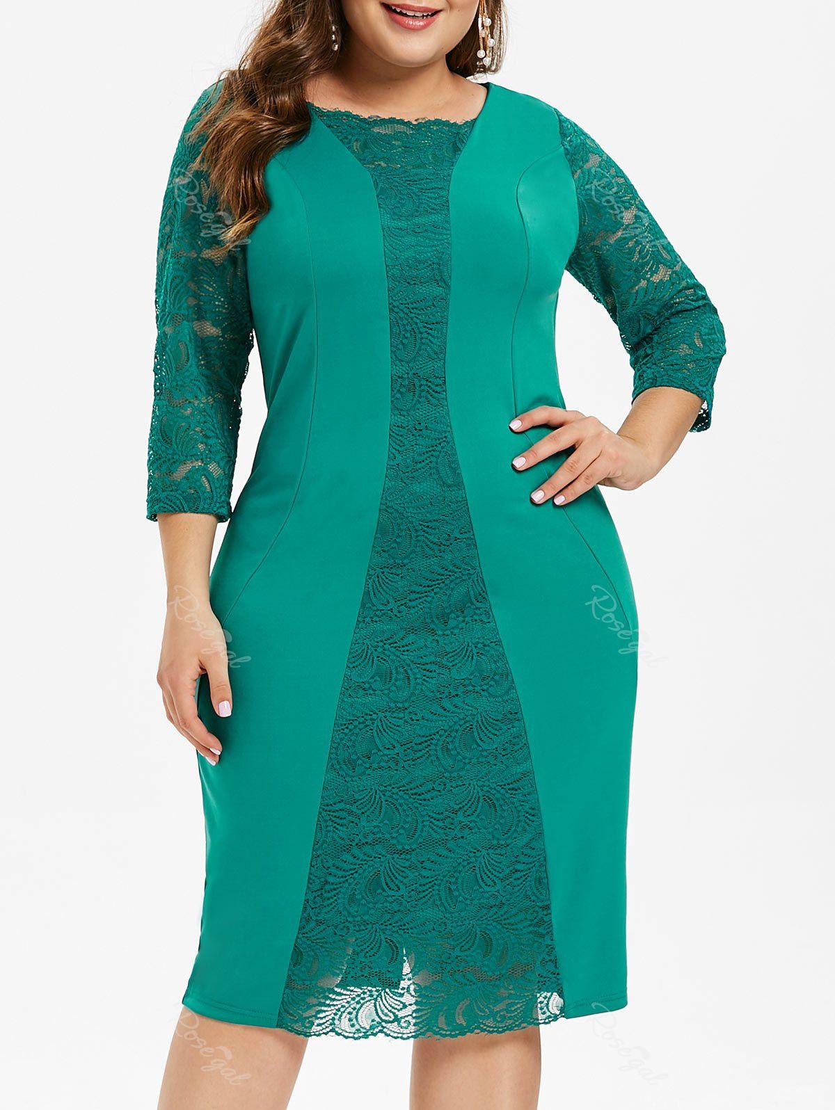 

Lace Panel Plus Size Square Neck Knee Length Dress, Green