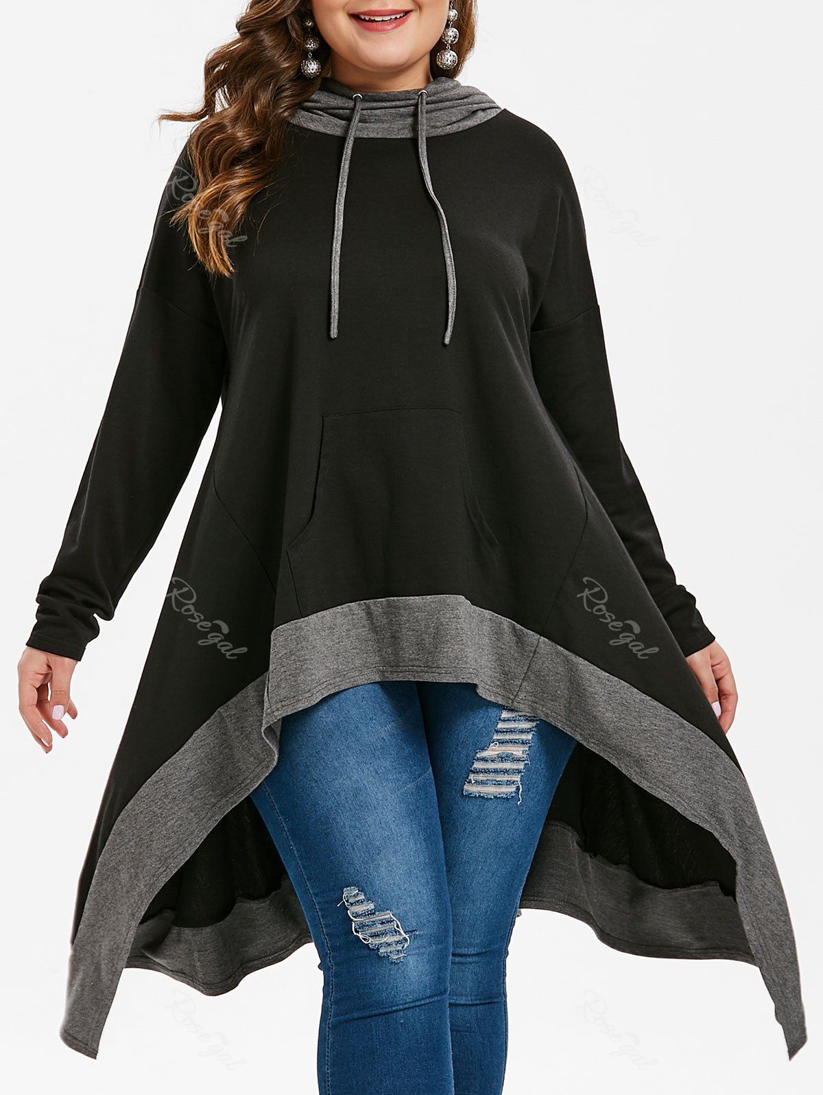 

Drop Shoulder Plus Size High Low Hoodie, Black
