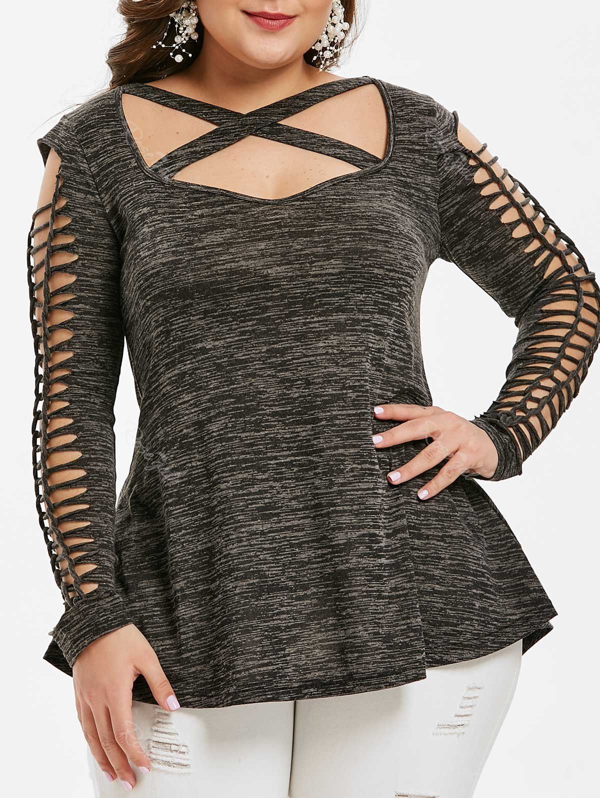 

Cut Out Ripped Plus Size Space Dye T-shirt, Dark gray