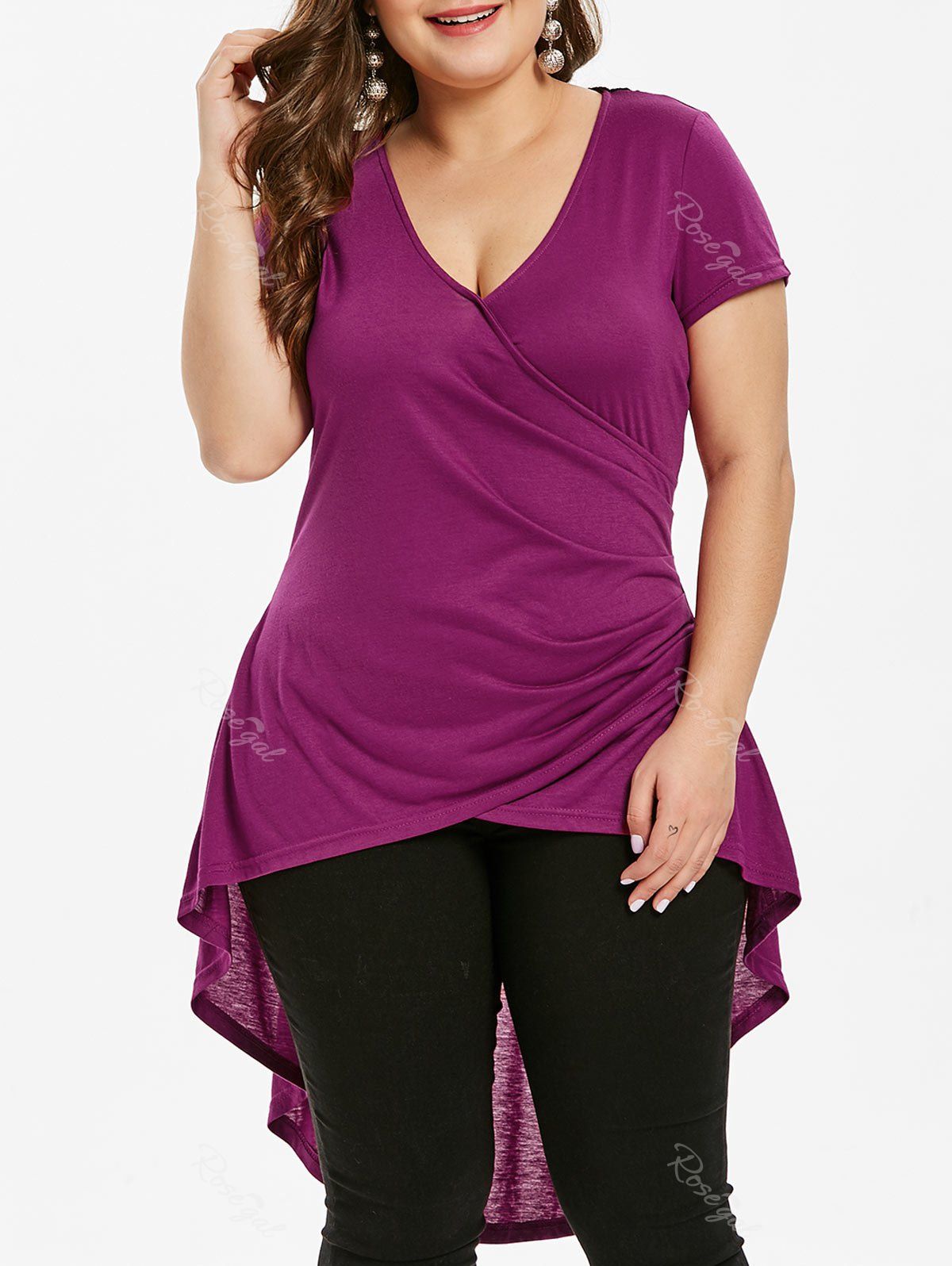 

Back Lace Panel Plus Size High Low T-shirt, Plum velvet