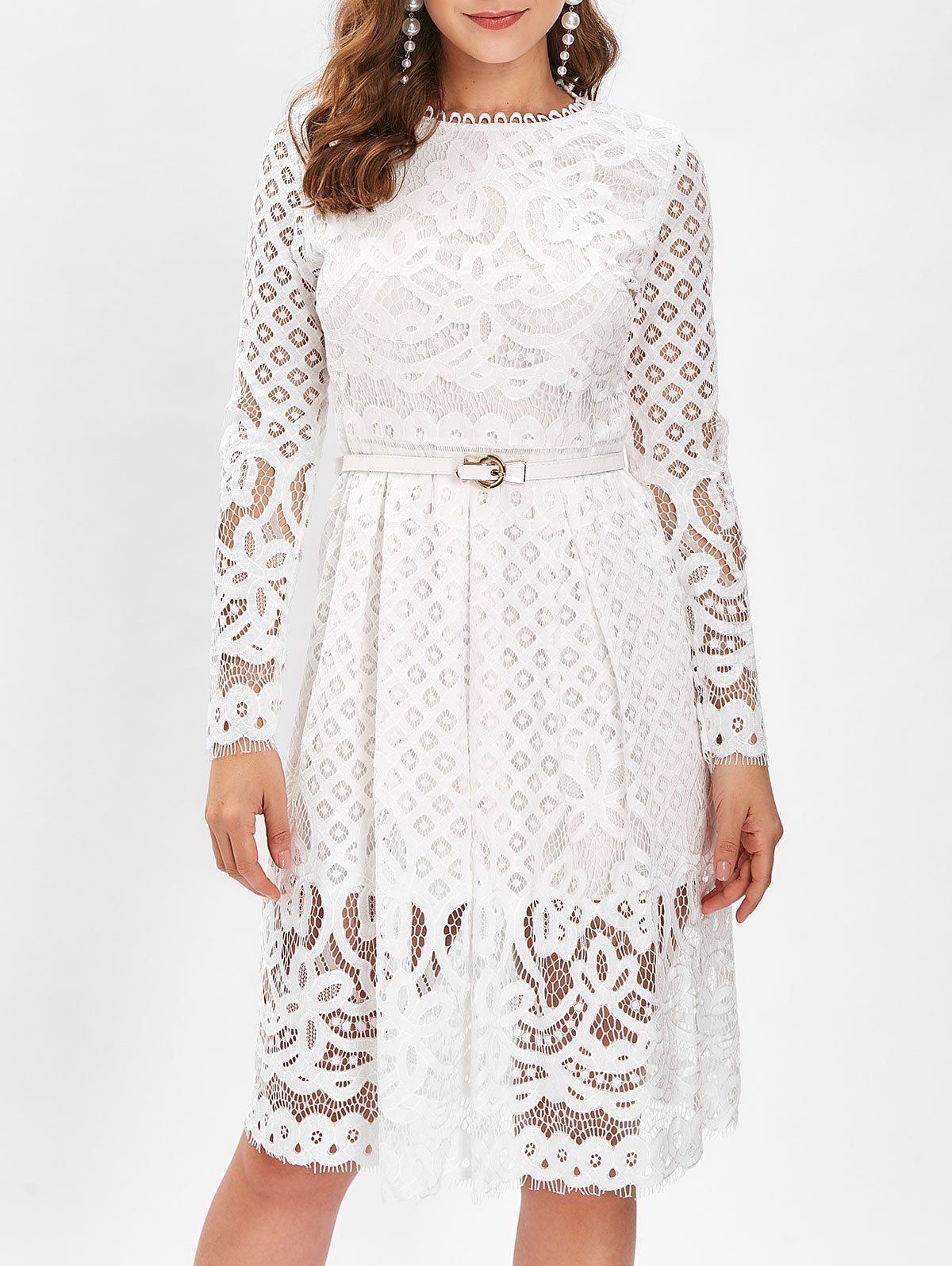 

Belted Lace A Line Dress, White