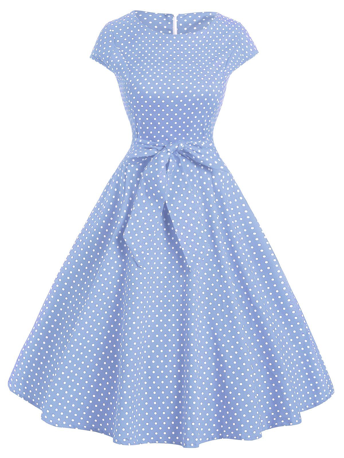 

Polka Dot Cap Sleeve Belted Dress, Denim blue