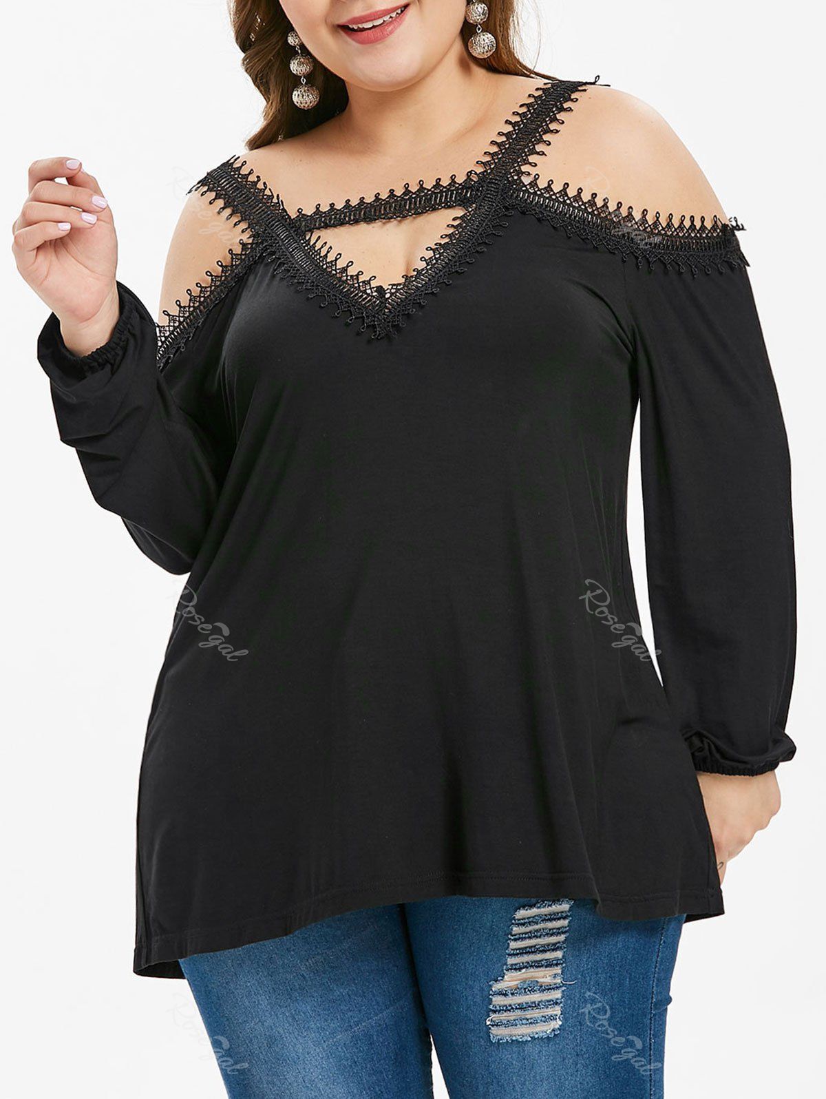

Plus Size Lace Splicing Keyhole Off The Shoulder Cuff Sleeve Top, Black