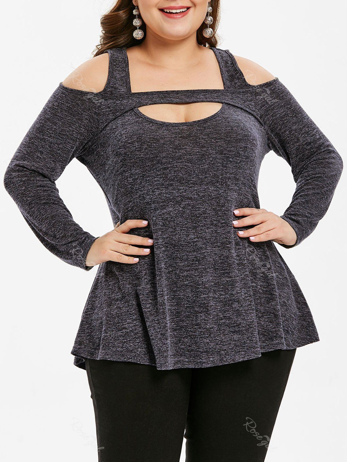 

Plus Size Cut Out Shoulder Bar Decoration T-shirt, Gray