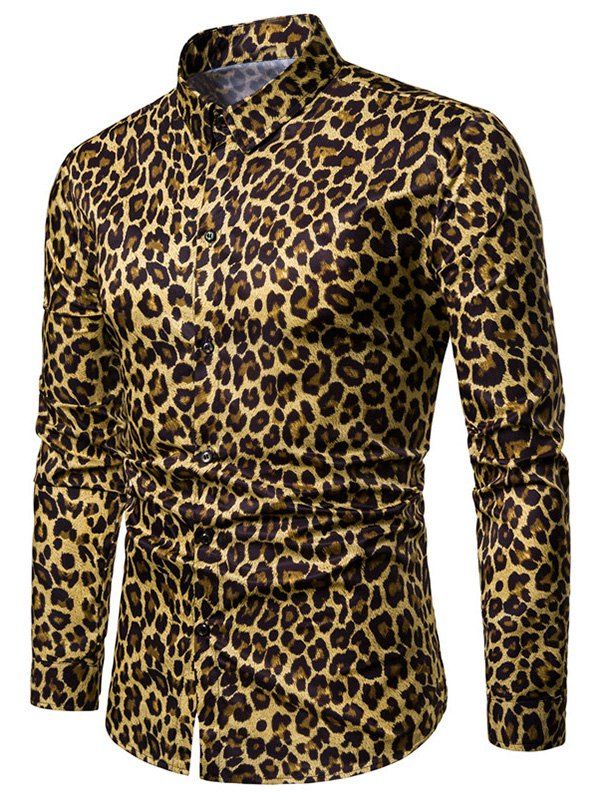 

Leopard Print Casual Long Sleeves Shirt, Brown bear