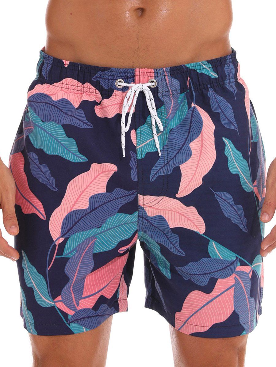 

Leaves Print Back Pocket Beach Shorts, Multi-f