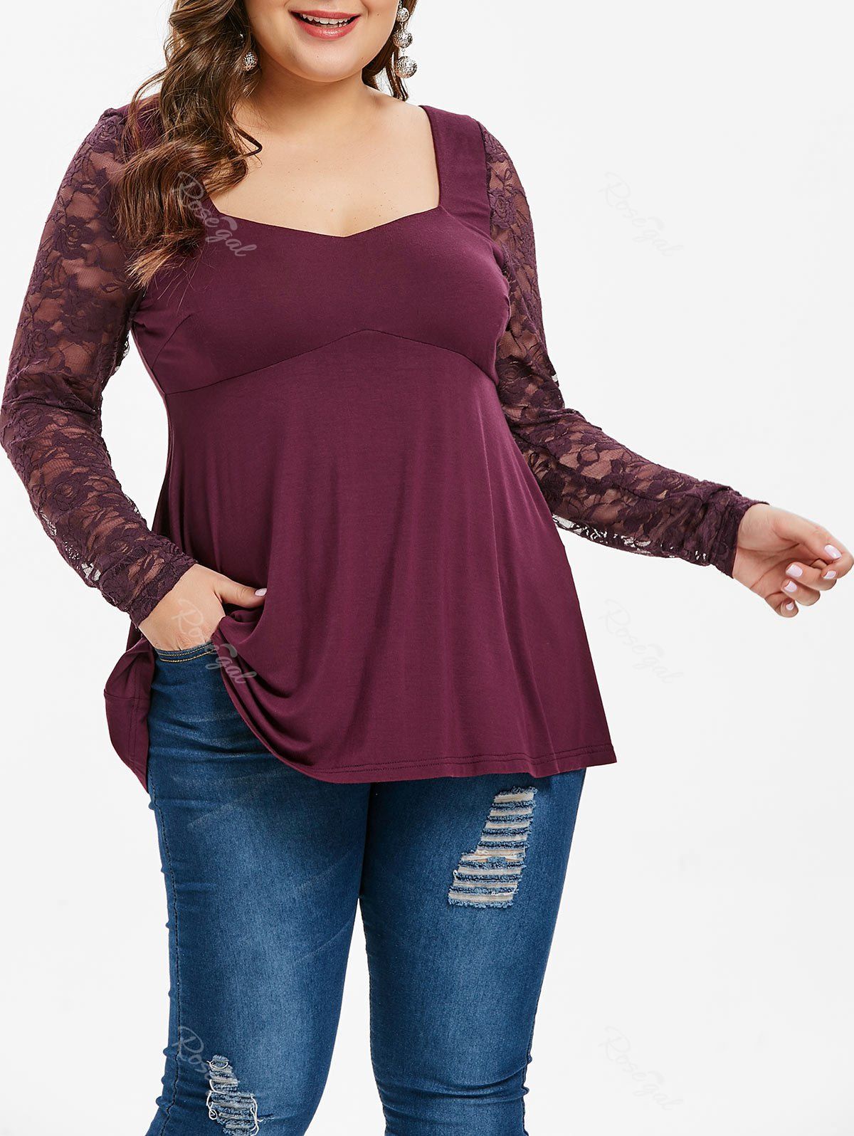 

Plus Size High Waist Lace Panel T Shirt, Dull purple