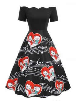 Valentines Day Cats Couple Print Off The Shoulder Dress - BLACK - S