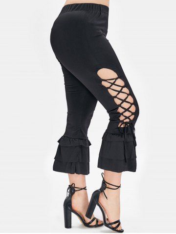 

Lace Up Ruffle Plus Size Pants, Black