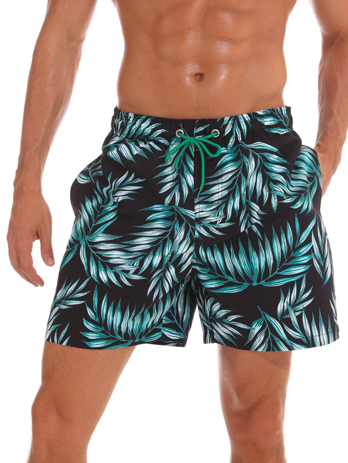 

Back Pocket Leaves Print Beach Shorts, Multi-c