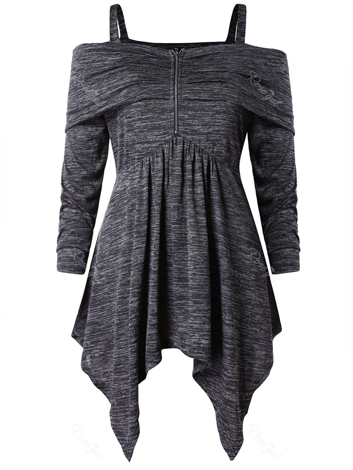 

Plus Size Open Shoulder Foldover Marled T-shirt, Gray