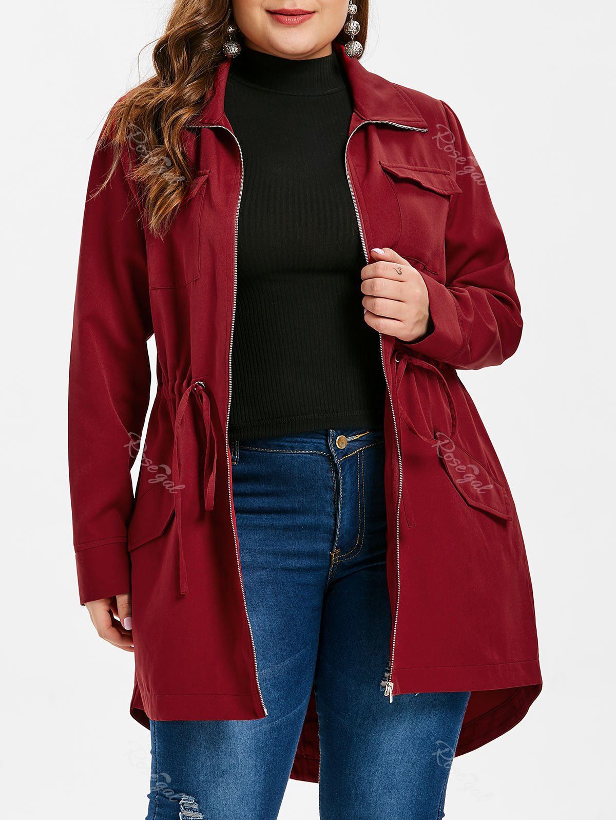 

Plus Size Drawstring High Low Long Coat, Red wine