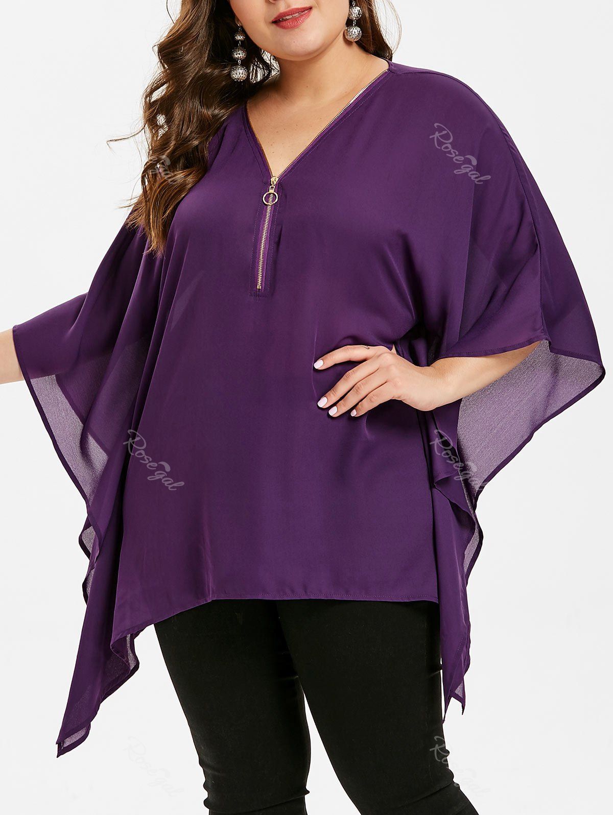 

Plus Size Butterfly Sleeve Half Zipper Asymmetrical Blouse, Purple iris