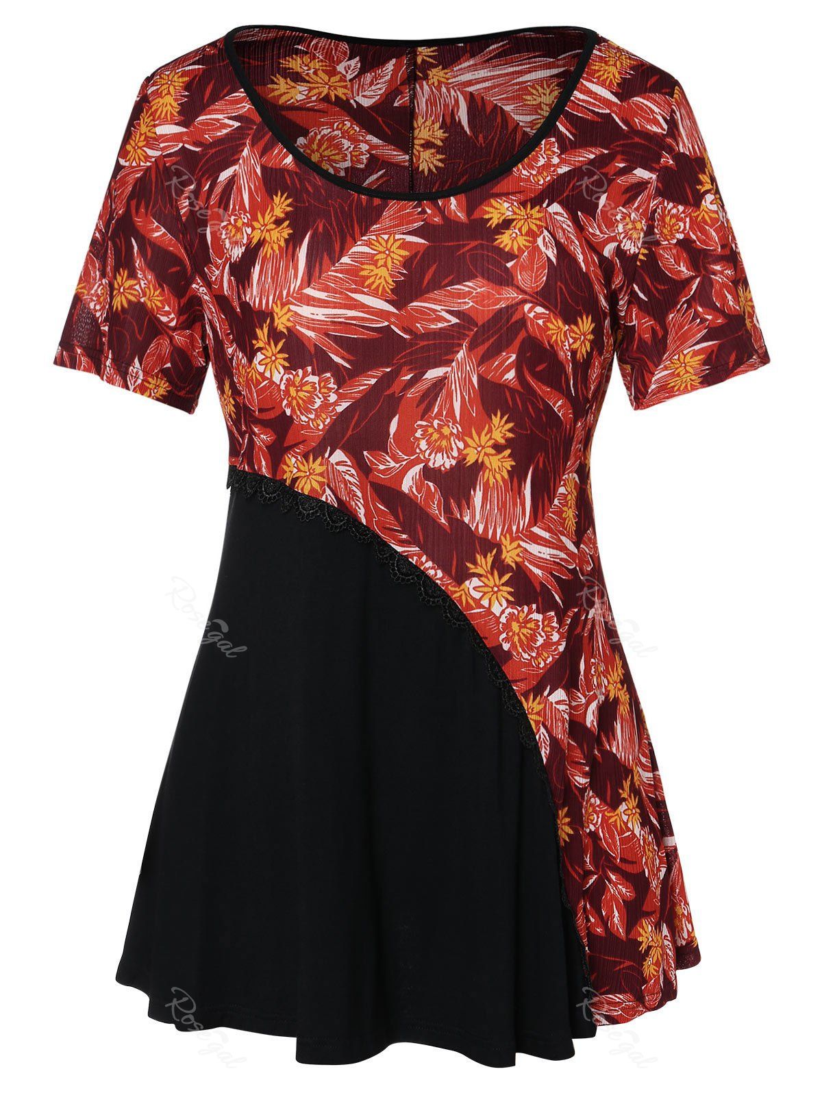 

Plus Size Leaf Print Tunic T Shirt, Red wine