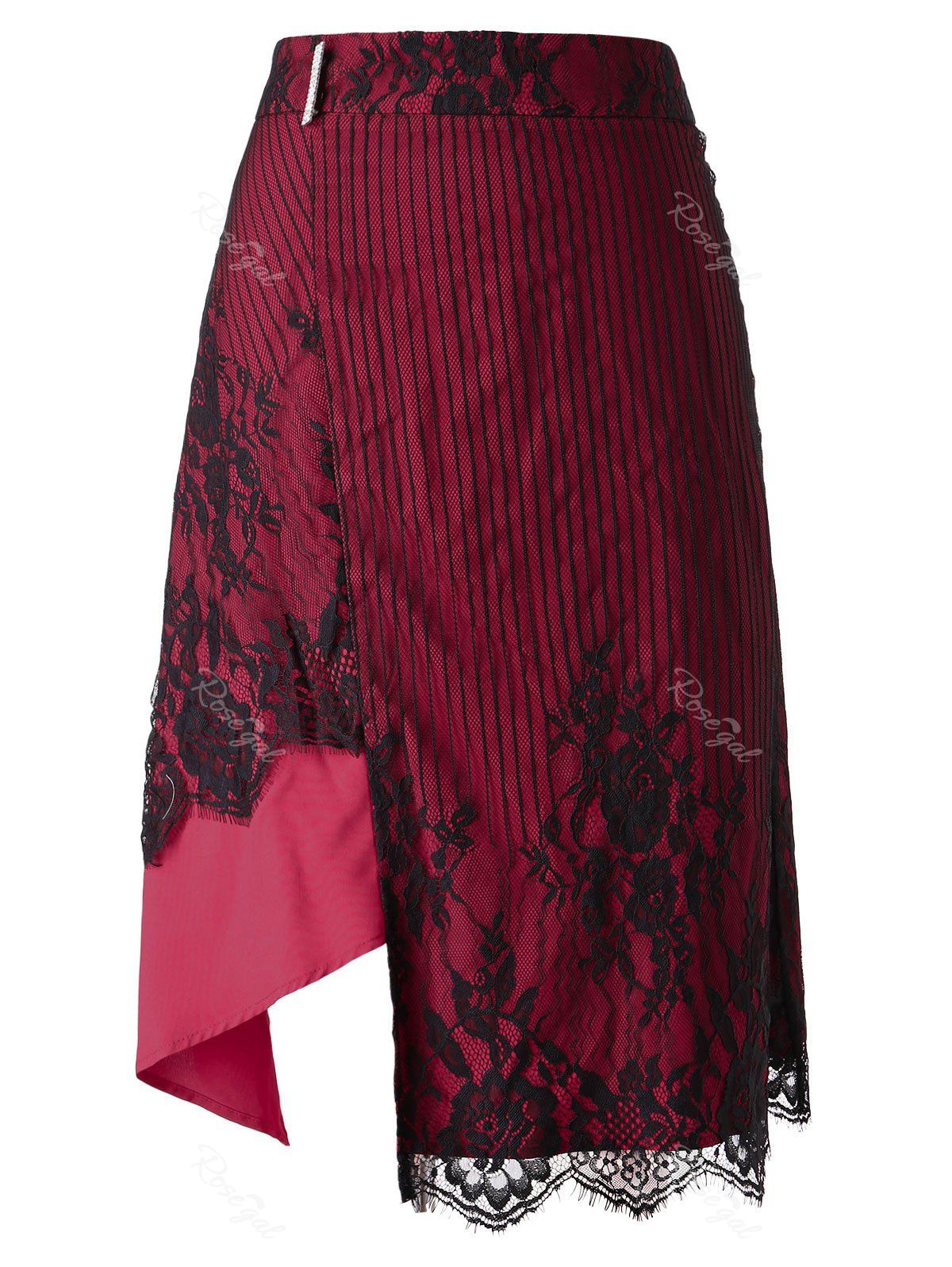 

Plus Size Lace Insert Asymmetrical Skirt, Rose red